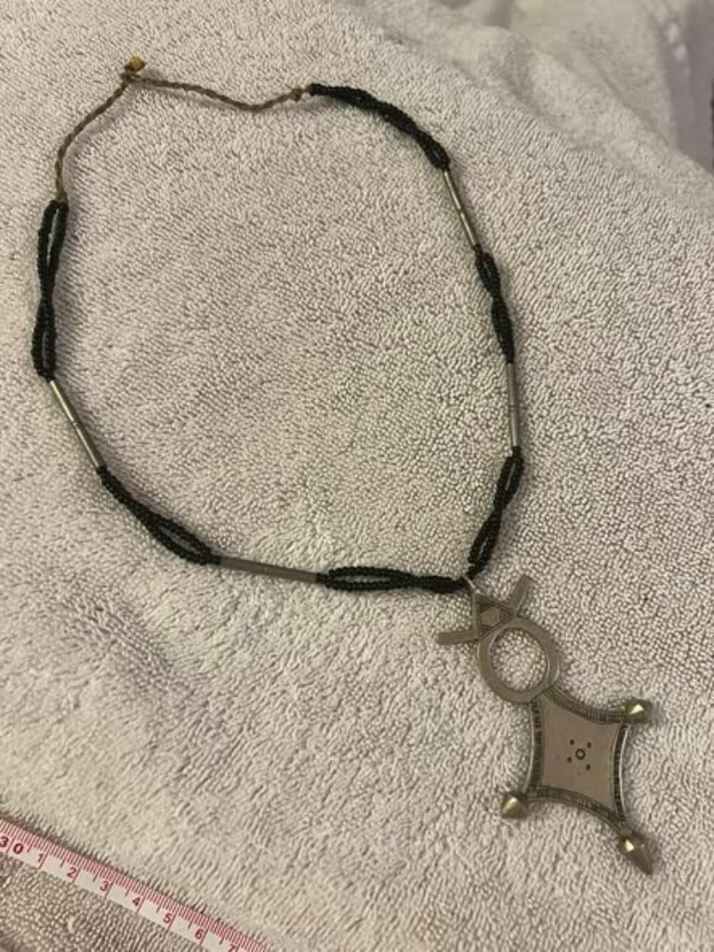 🐻Cool Taureg Compass Cross Metal Pendant on Black Beaded Necklace